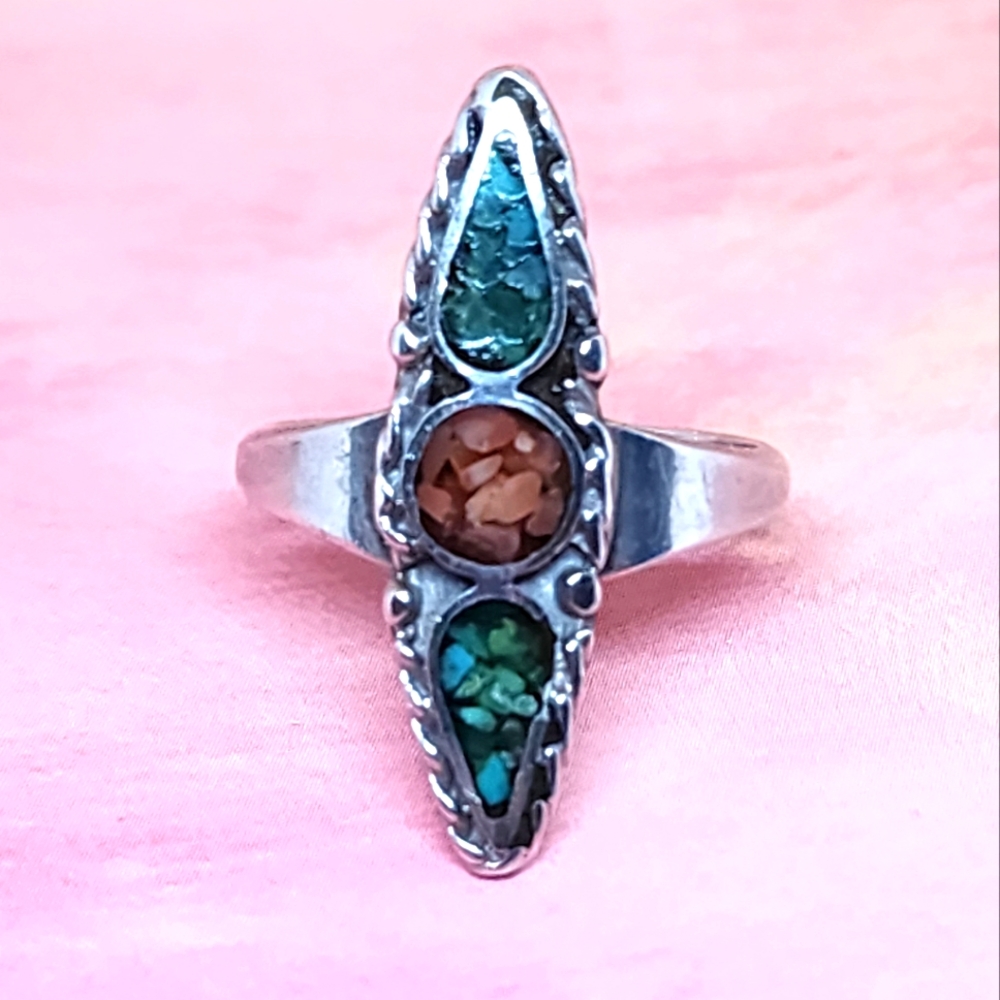 Native American Sterling, Turquoise, and Coral Ring